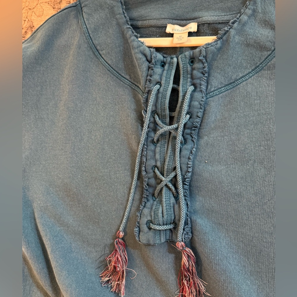 Sundance Blue Embroidered Pullover Boho Lace Up Sweatshirt, Size Medium - Picture 10 of 14